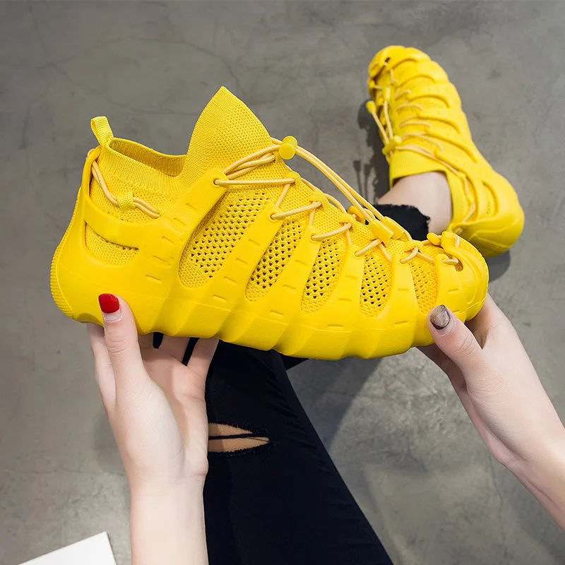 Для женщин вязаной сеточки желтый модная повседневная обувь новые летние Лидер