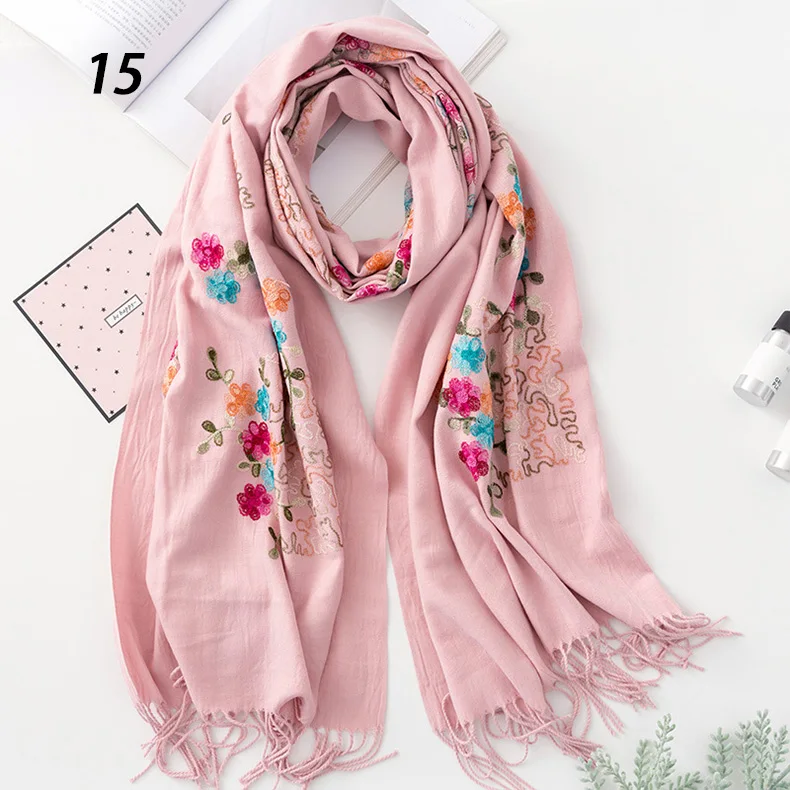 15 Light Pink Scarf Новинка, Sparsil, стильный Для женщин зимние кашемировые шарфы теплый с кисточкой, с цветами и вышивкой шаль для отдыха пашмины 70x200 длинный шарф хиджаб - Цвет: 15 Light Pink Scarf