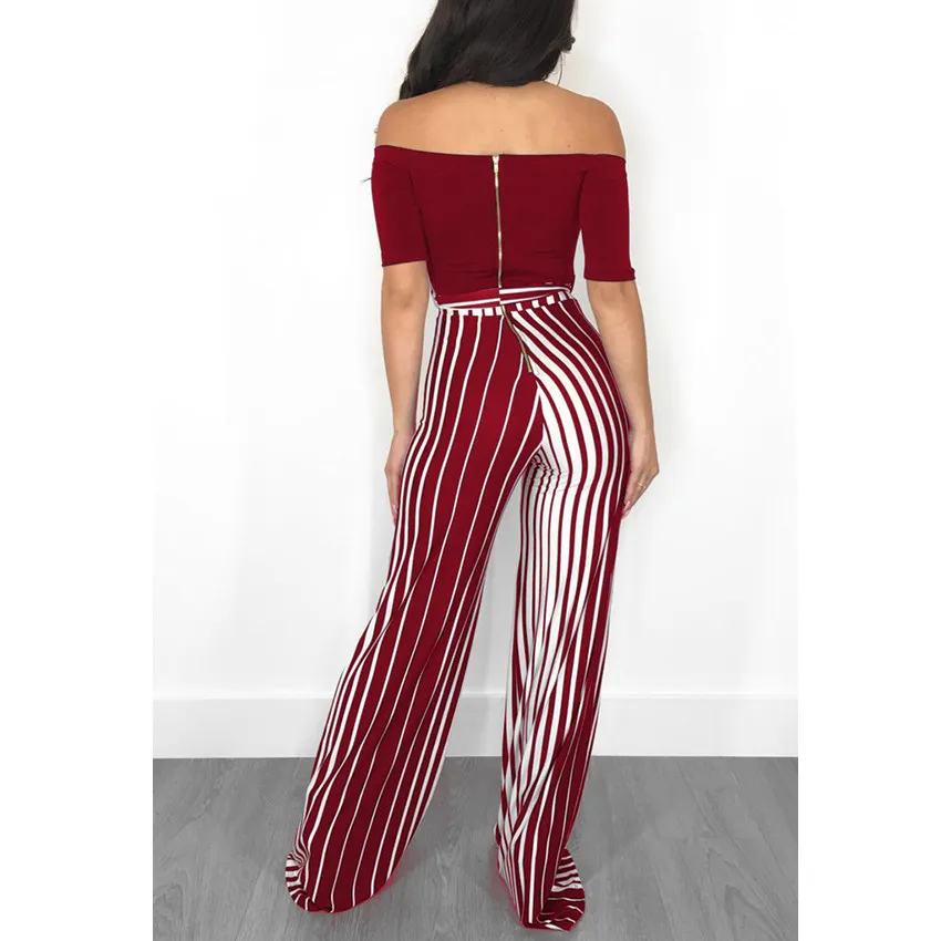 Wjustforu Slash Neck Wide Leg Jumpsuit Elegant Casual Women Bandage Striped Off Shoulder Fashion Sexy Female | Женская одежда