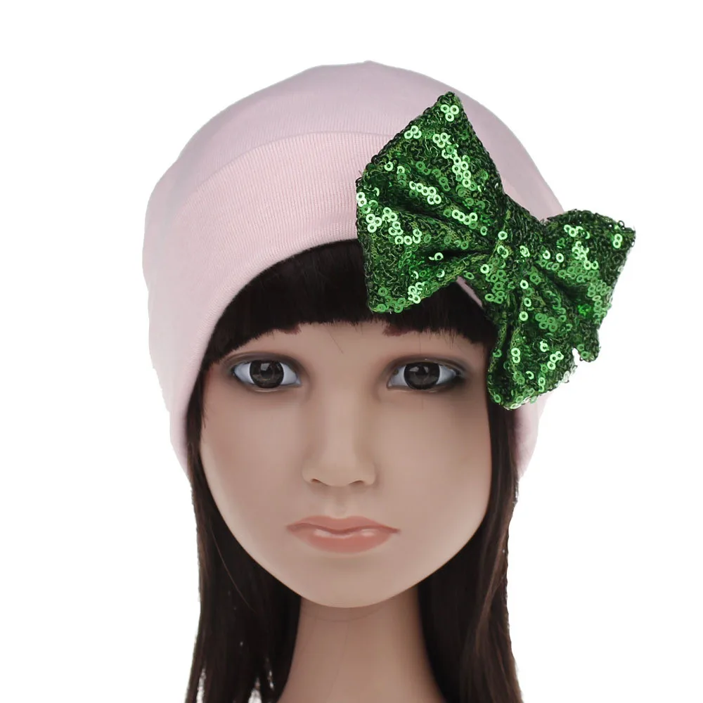 2018 Милая Хлопковая шапочка для сна с блестками и бантом маленьких девочек