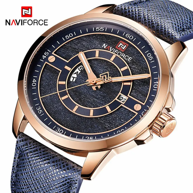 Rose Gold Blue NAVIFORCE мужские s часы Лидирующий бренд роскошные золотые часы мужские кожаный ремешок аналог дата Кварцевые водонепроницаемые часы мужские Relogio Masculino - Цвет: Rose Gold Blue