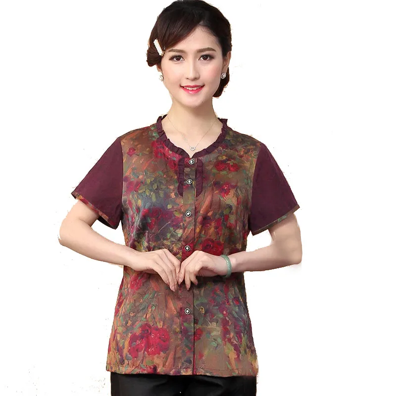 Китайская женская шелковая рубашка 100% летняя новая блузка из шелка с воротником