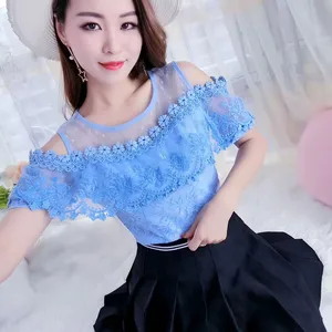 Женская кружевная блузка в горошек, осенняя блузка с коротким рукавом и оборками, Короткие сетчатые блузки с открытыми плечами, AB1032, 2018