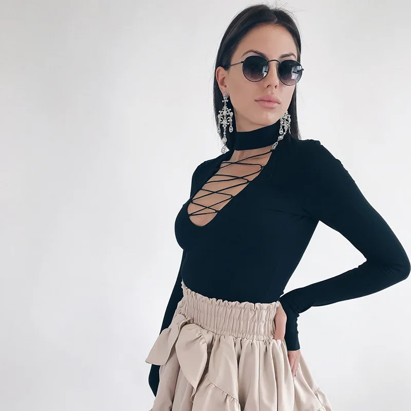 Новый Тощий Хлопок Длинные рукава v образным вырезом бинты bodycon сексуальное боди