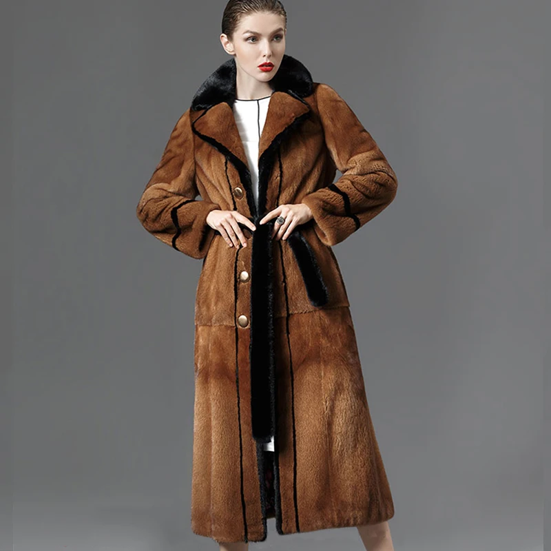 LVCHI Winter 2019 Import Mink Fur Coat Women's Long Sleeve Coat Butterfly Neck Real Natural Fur X-Long Sashes Causal Mink Coats