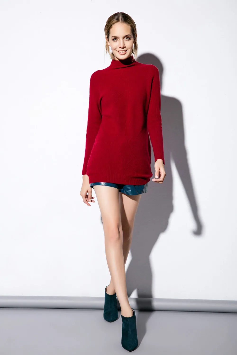 100%merino wool knit women fashion basics pullover sweater mid-long half-high collar claret 4color S/M/L wholesale retail