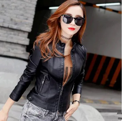 Женские мотоциклетные кожаные куртки черные зауженные весна осень 2017|fashion leather