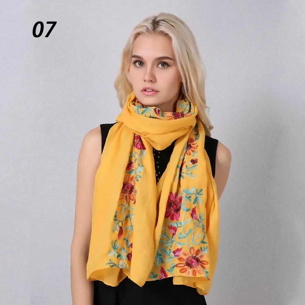 07 Yellow Sparsil Женский вышитый шарф из хлопка и льна, мягкая тонкая Пашмина, летняя зимняя накидка с цветами, большой размер 170*90 см, шарфы, шали - Цвет: 07 Yellow