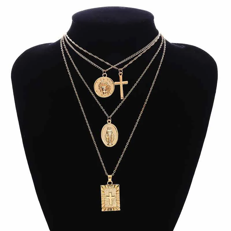 Vintage Women Personality Coin Choker Necklace Multi layer Jesus Cross Pendant Chain Long Femme Collier Chocker NL244 | Украшения и