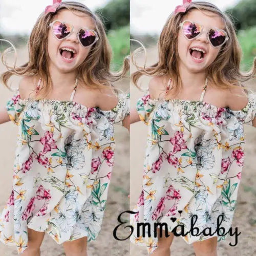 New Style Kid Baby Girls Floral Dress Boho Off Shoulder Short Sleeve Princess Girl Child Summer Holiday Beach Sundress Clothes | Детская