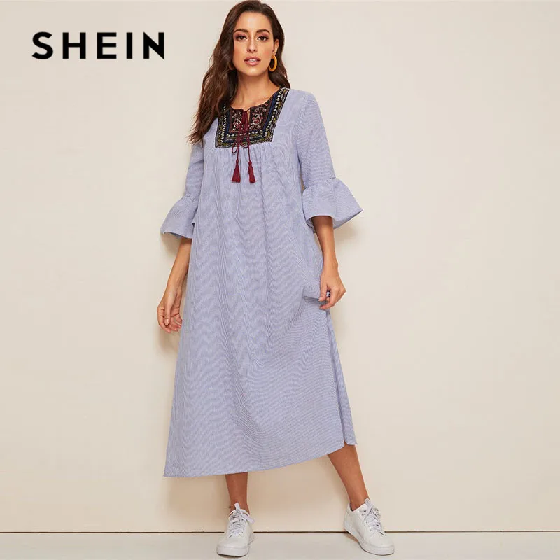 SHEIN летнее платье в полоску с бахромой и рукавами-воланами, Boho, с заниженной талией, свободное женское платье, с круглым вырезом, с вышивкой, макси платья