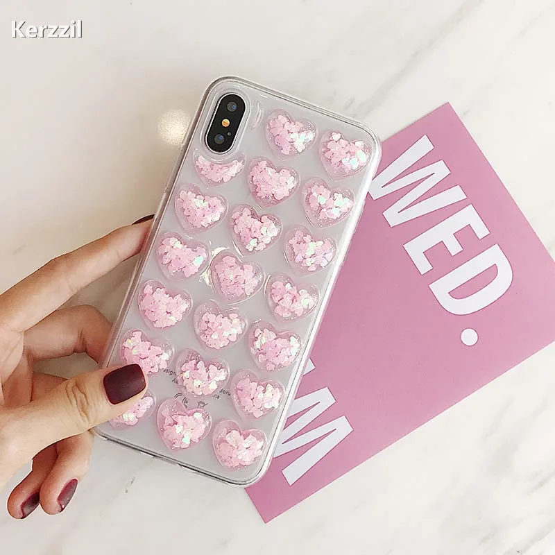 Kerzzil Candy Color Phone Case For iphone X Fashion 3D Love Heart Back Cover Soft TPU Clear Cases iphoneX Capa Coque |