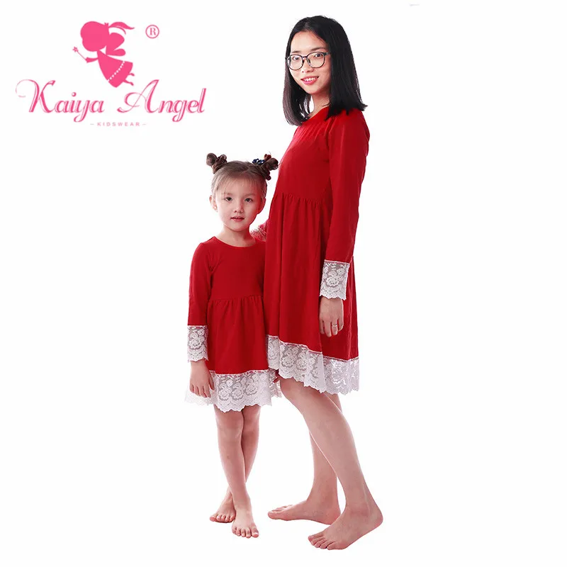 Kaiya Angel/красное хлопковое кружевное платье Модные платья для мамы и дочки