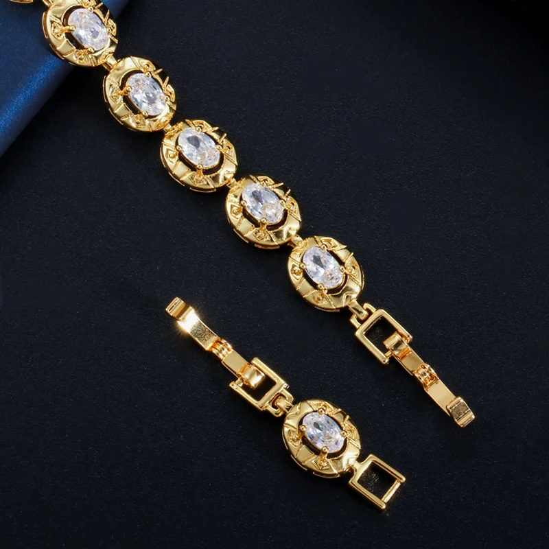 BeaQueen Luxury Yellow Gold Color Indian Jewelry Oval Round Cubic Zircon Crystal Setting Tennis Bracelets for Fashion Women B166 | Украшения