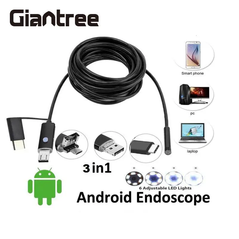 Эндоскоп Giantree 2M 5 мм Type-C 6LED 3в1 Android OTG USB MircoUSB бороскоп камера для наблюдения за