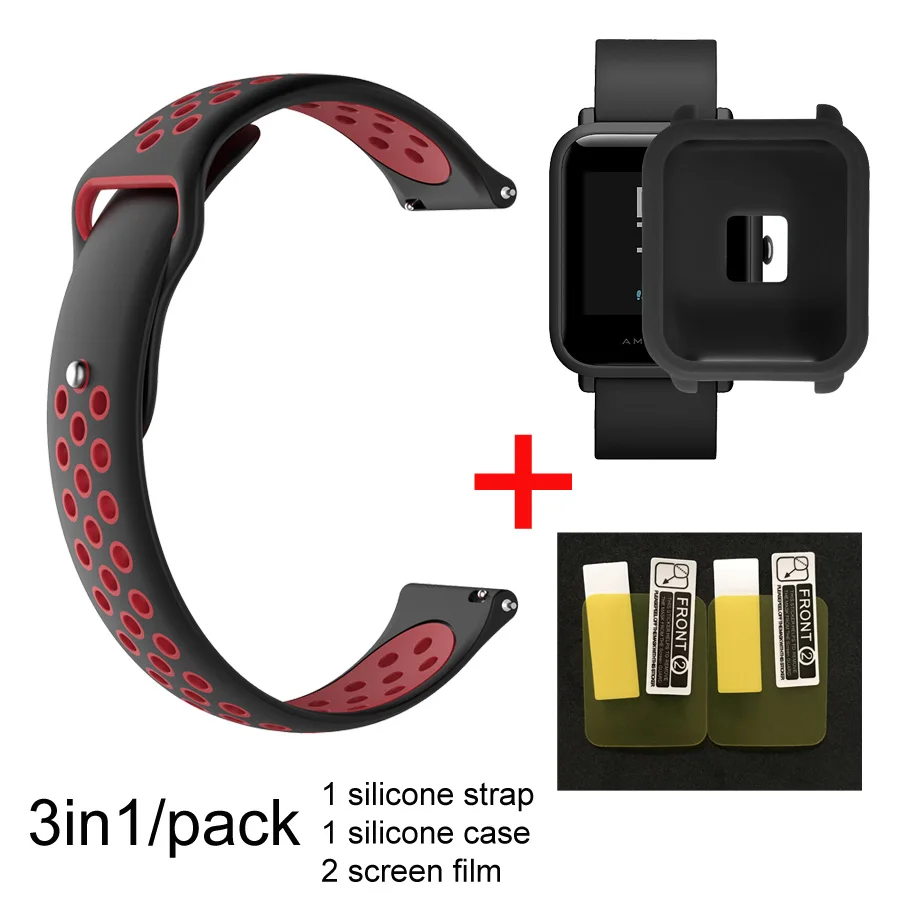 black red-black case 3в1 ремешок для часов Huami Amazfit ремешок Bip для Amazfit Bip чехол силиконовый ремешок защитный чехол для экрана аксессуары - Цвет: black red-black case