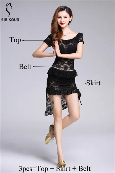 Black 3pcs Женский танец живота Костюмы Болливуд Восточный танец живота одежда сценическая одежда тренировочный костюм кружевное платье Египетский индийский набор для взрослых - Цвет: Black 3pcs