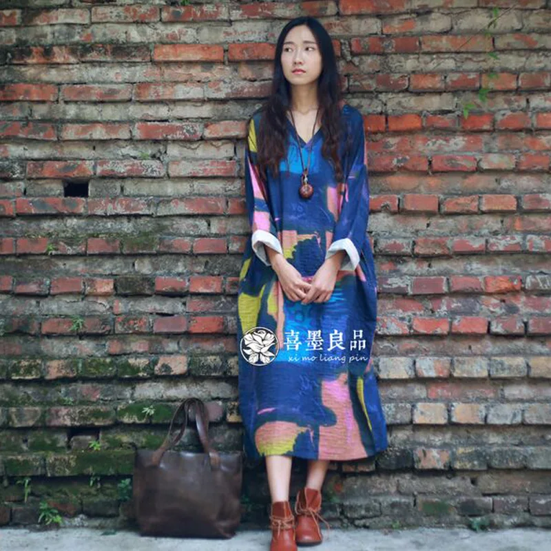 Женское длинное платье из хлопка и льна Свободное с длинным рукавом V-образным