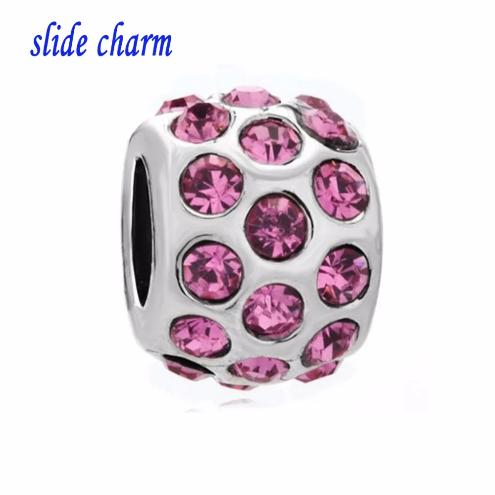 

Бесплатная доставка, амулет на День святого Валентина slide charm, модные розовые хрустальные бусины, подходит для браслета Pandora с шармом