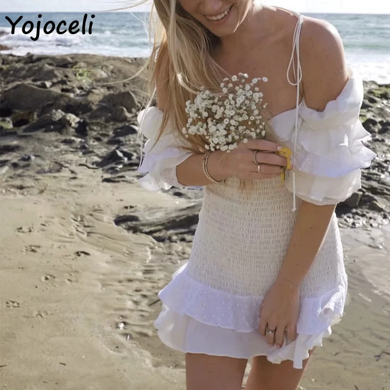 Yojoceli, сексуальные вечерние платья с вышивкой для клуба, женское платье с квадратным вырезом, бантом и рюшами, Пляжное мини-платье в стиле бохо