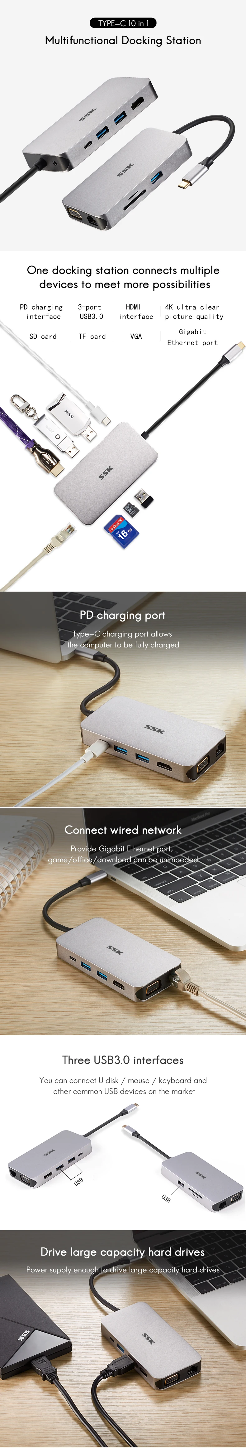 ССК тип-c концентратор usb-хаб тип-c к USB 3,0/HDMI 4 K/VGA 1080 P/SD/TF/Gigabit RJ45/аудио SD/TF карта USB3.1 GEN1 для ноутбука планшета