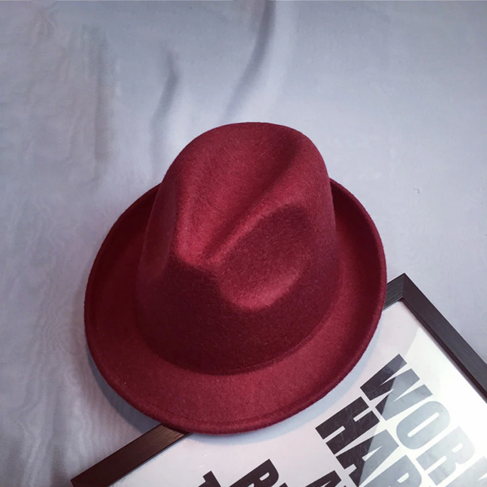 4 Wide Brim pin Black Flat Brim Felt Jazz Hat Autumn Winter Bowler Hats for Women Men prom Party cap Solid color Gorra - Цвет: 4