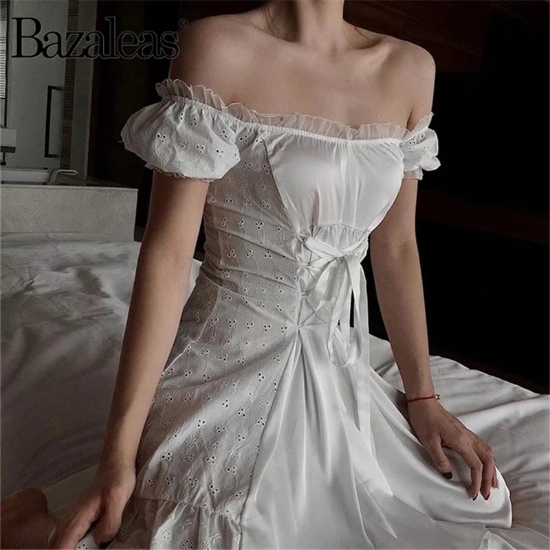 Bazaleas 2018 винтажное белое Бандажное кружевное платье с поясом на шнуровке vestidos