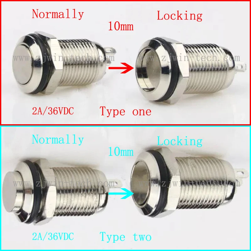 

50PCS 10MM Hole Mini Metal Button Switch 3Pin Power Push Button Flat/High Head 2A/36VDC Self-Locking Not Released Soldering