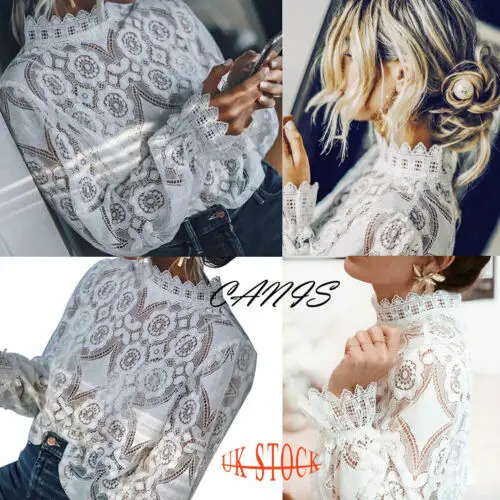 

Sexy Women Tops Hallow Out Blouse Casual Lace Embroidery Long Sleeve White Shirt