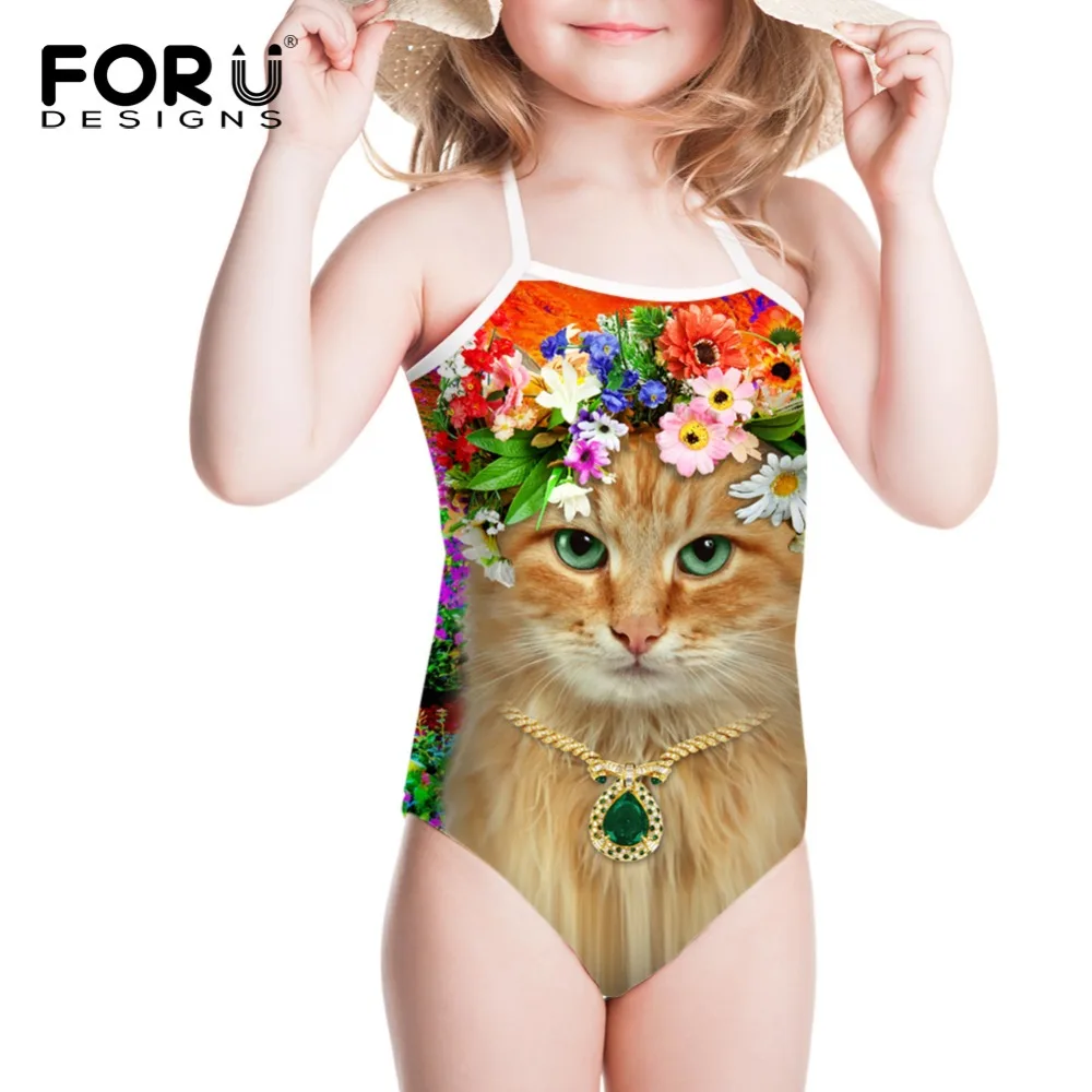 Купальник для девочек с цветочным рисунком и котом слитный купальник в полоску