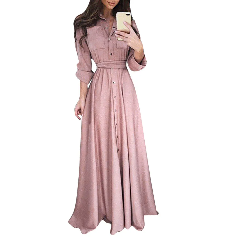 Pink Длинное женское платье, повседневное модное Макси платье для вечеринок, женское осеннее однотонное элегантное платье-рубашка с длинным рукавом и отворотом vestidos - Цвет: Pink