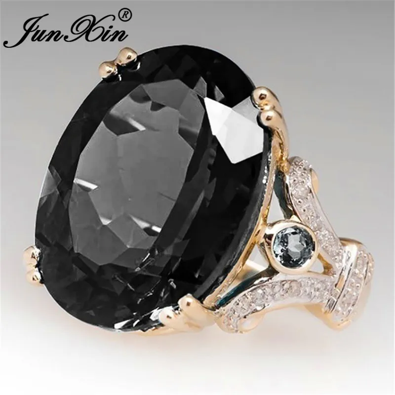 Black Ring JUNXIN мужские и женские роскошные большие овальные обручальные кольца с камнями для женщин 18KT желтое золото фиолетовый зеленый синий циркон камень кольцо - Цвет основного камня: Black Ring