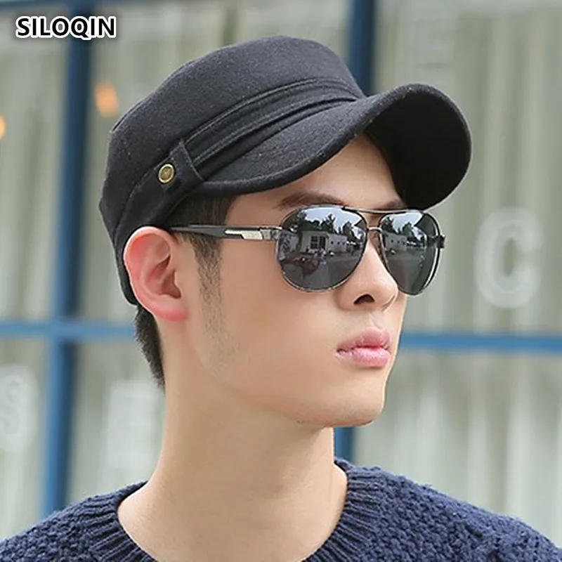 

SILOQIN Fashion Youth Men's Winter Warm Earmuffs Military Hat Adjustable Solid Color Flat-top Tongue Cap Trendy Wild Sunhat
