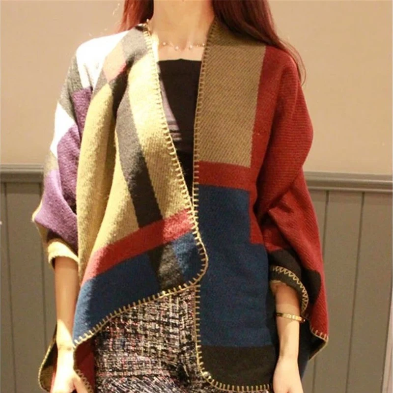 Женский шарф в клетку из кашемира и шерсти однотонное пончо зимнее Клетчатое