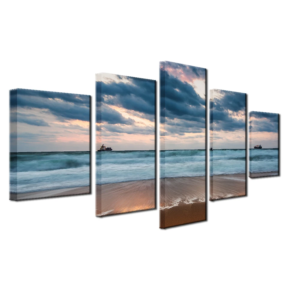 HD Prints Painting Home Decor Canvas Living Room Framework 5 Piece Sea Waves Beach Pictures Cloudy Boat Seascape Poster Wall Art | Дом и сад