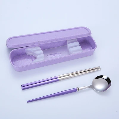 2pcs purple 2шт/3 шт из нержавеющей стали красочные портативные палочки для еды набор ложка и вилка столовые приборы из трех частей для взрослых студентов милые палочки для еды в коробке - Цвет: 2pcs purple