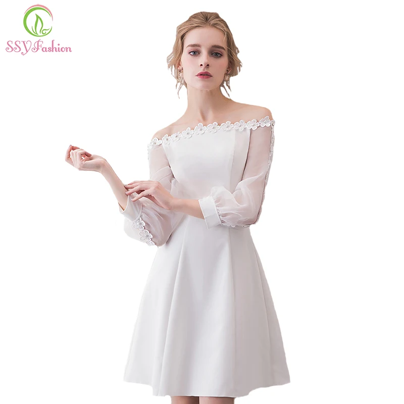 SSYFashion Новые короткие простые коктейльные платья белый вырез лодочкой с длинными