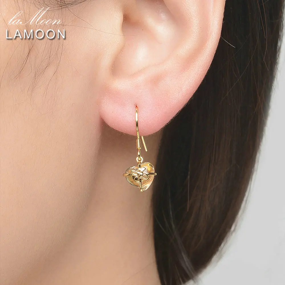 Ламоон серьги с янтарем романтическое сердце 100% натуральный цитрин 925 пробы