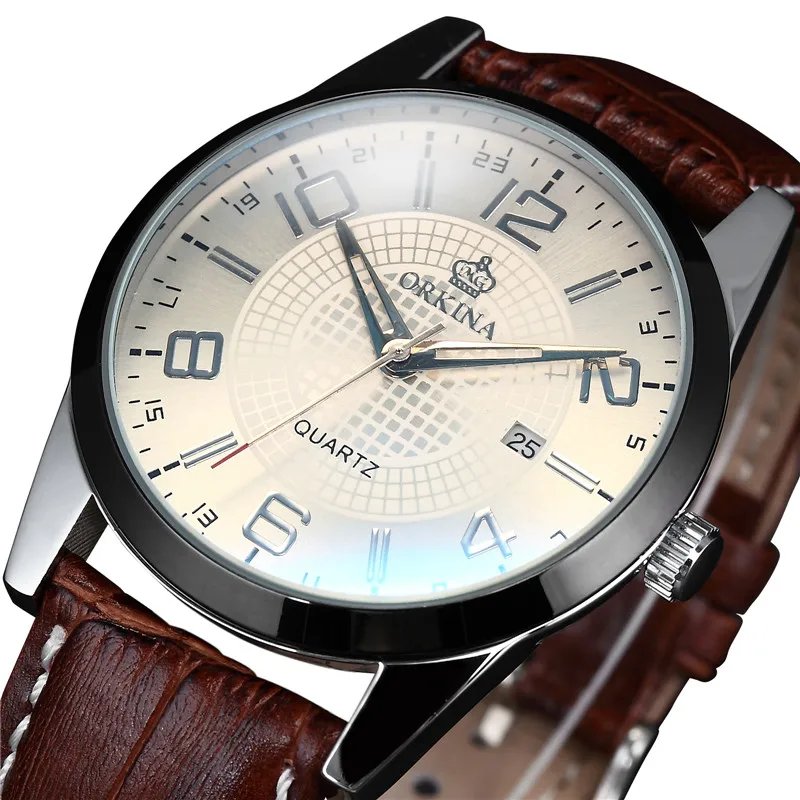 

Мг. Мужские наручные часы ORKINA, коричневые кварцевые часы с большим циферблатом, фантастическим синим стеклом, MIYOTA 2015