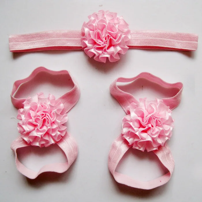 

cute fabric boutique ribbon flowers baby girls barefoot sandals and headband sets barefoot sandal children shoes 10set/lot