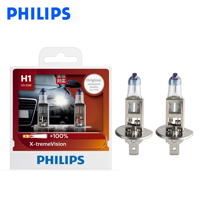 

Philips H1 12V 55W P14.5s X-treme Vision Auto Headlight Bright Halogen Bulbs ECE Approve 100% More Vision 12258XV S2, Pair
