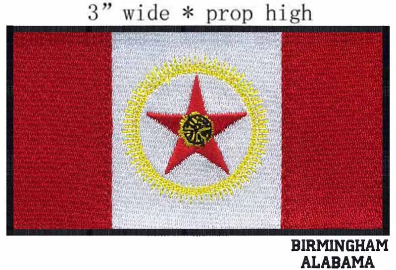 

Birmingham,Alabama USA Flag embroidery patch 3" wide shipping/stripes/red star with a smaler round/yellow circle
