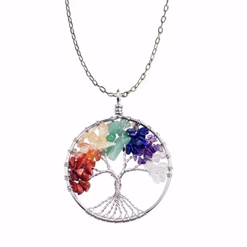 Tree of life Pendant handmade wire wrapped natural quartz stone necklace yoga pendant for woman 7chakras  gift