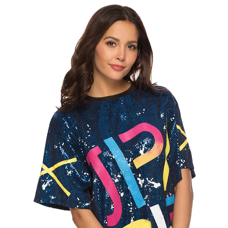 Summer Casual Streetwear Black Blue Loose T Shirt Dress With Sequin Ladies Letter Women Sport Mini Female Clothing L | Женская одежда