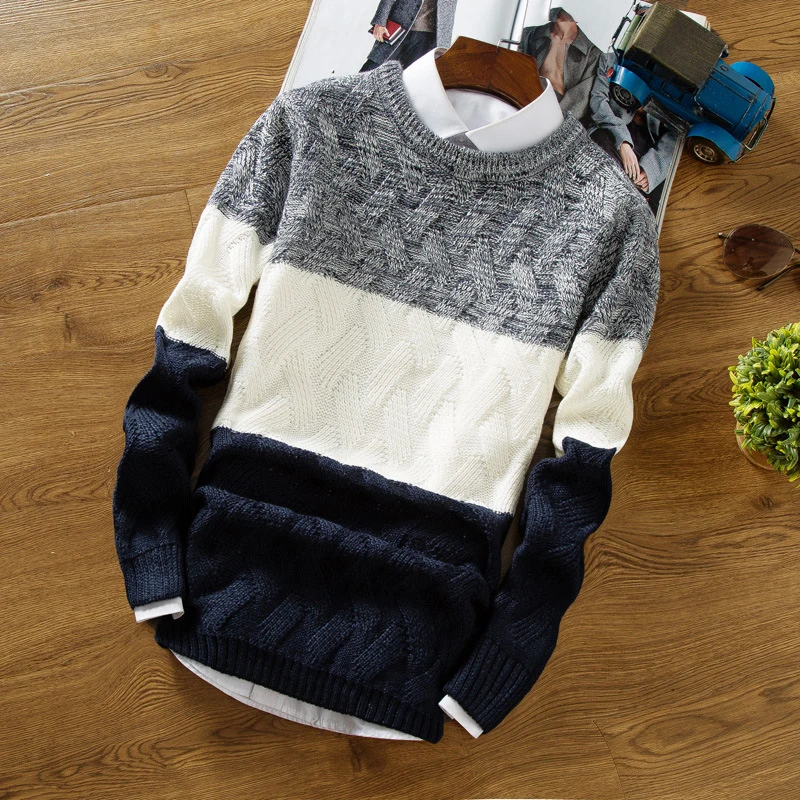Мужской трикотажный свитер с круглым вырезом в стиле пэчворк Джемперы  | Джемперы -4000693867763