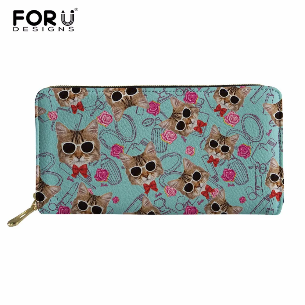 FORUDESIGNS/мультяшный дизайн, милый кот, женский модный кошелек клатч, кожаный индивидуальный кошелек для телефона, сумка для ключей, длинный кошелек