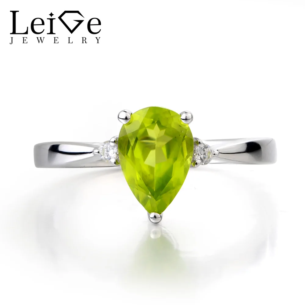 

Leige Jewelry Natural Peridot Ring Wedding Ring August Birthstone Pear Cut Green Gemstone 925 Sterling Silver Gifts for Women