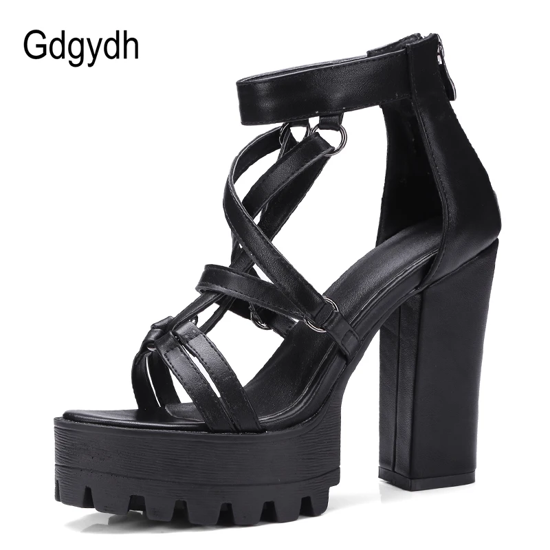 Женские кожаные босоножки Gdgydh черные на платформе с открытым носком высоком