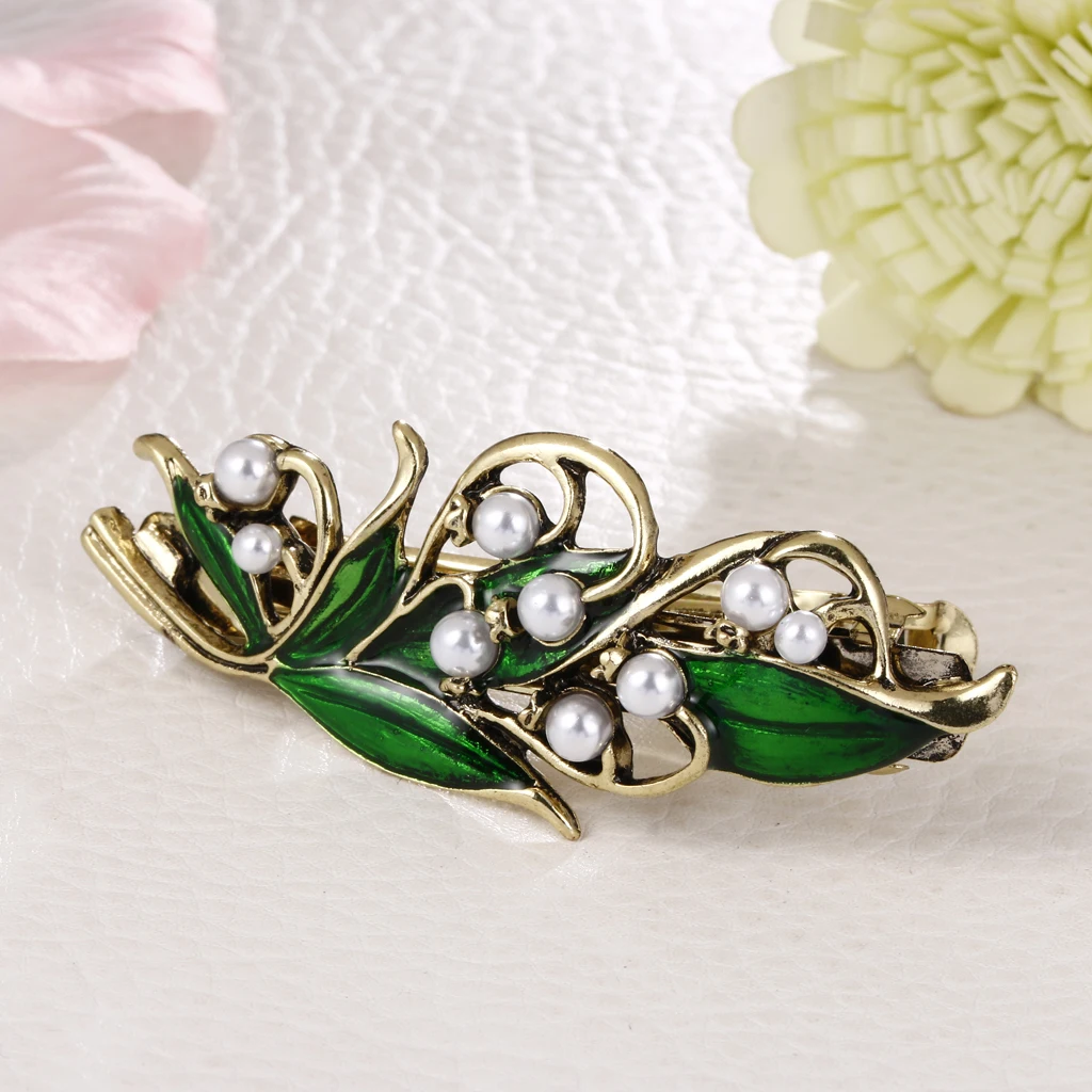 Retro Green Rhinestone Pearls Sprung Barrette Women Ladies Headwear Hairpin Hair Clip Accessories |