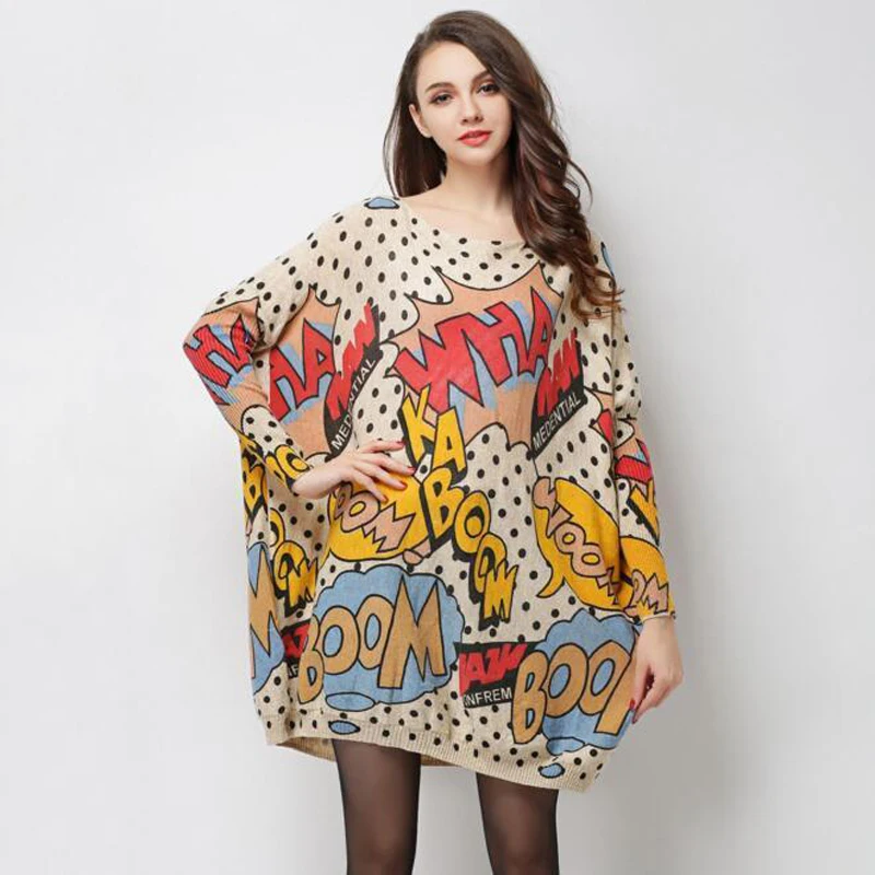 Женский мешковатый вязаный пуловер с комическим принтом джемпер вязаная одежда